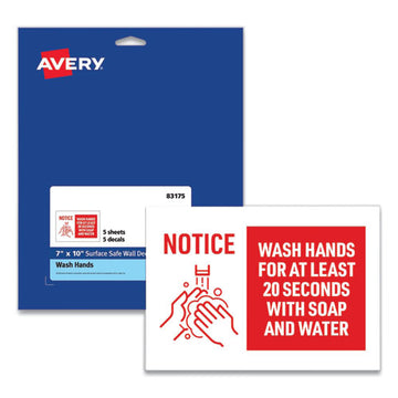 Avery® Preprinted Surface Safe Wall Decals, 10 X 7, Wash Hands For At Least 20 Seconds, White-red Face, Red Graphics, 5-pack freeshipping - TVN Wholesale